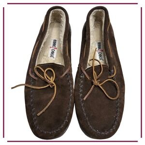 Minnetonka Mens Brown Suede Moccasin Slippers Shearling Lined Size 13